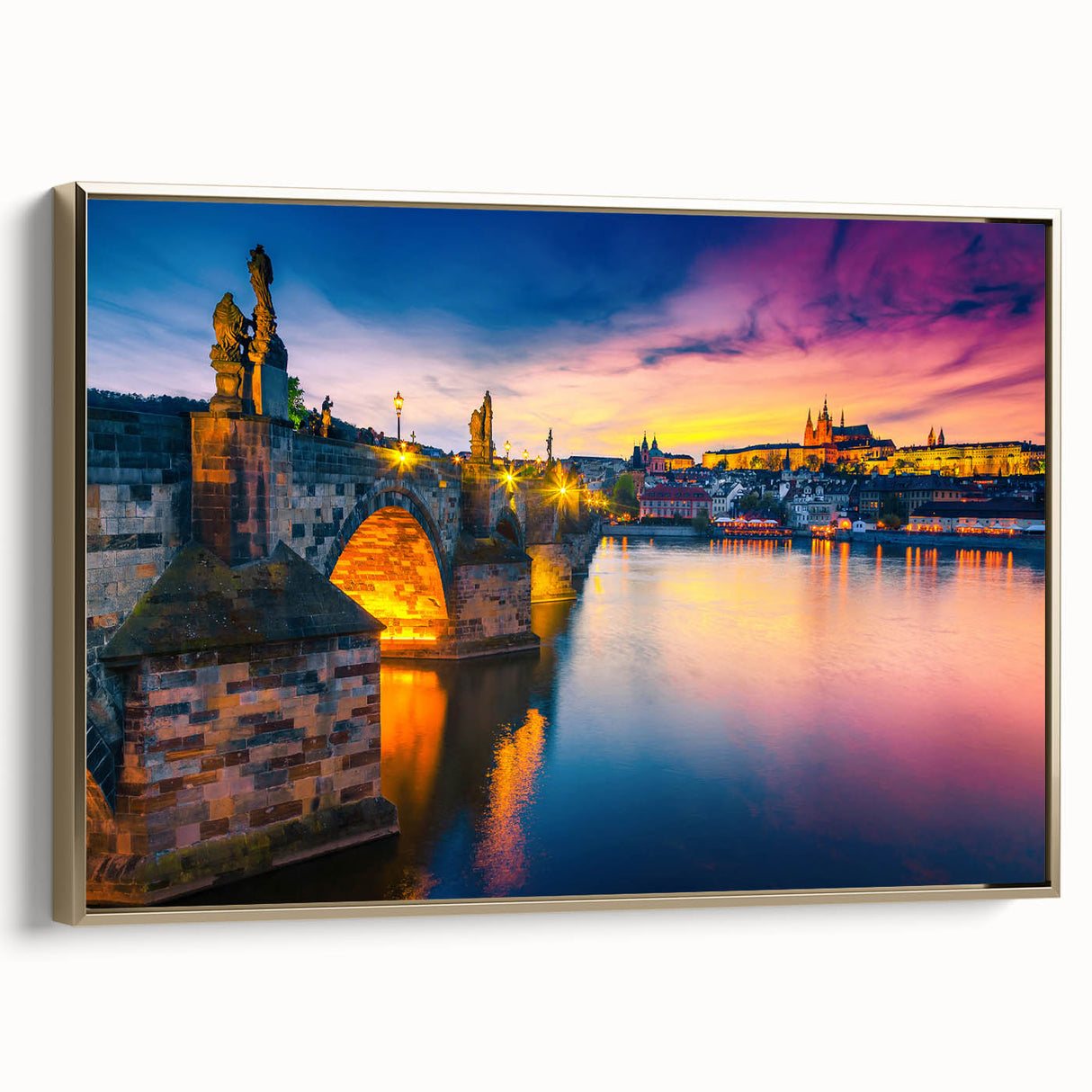 Framed canvas of a vintage Prague landscape in black and gold tones, ideal for bedroom wall art.