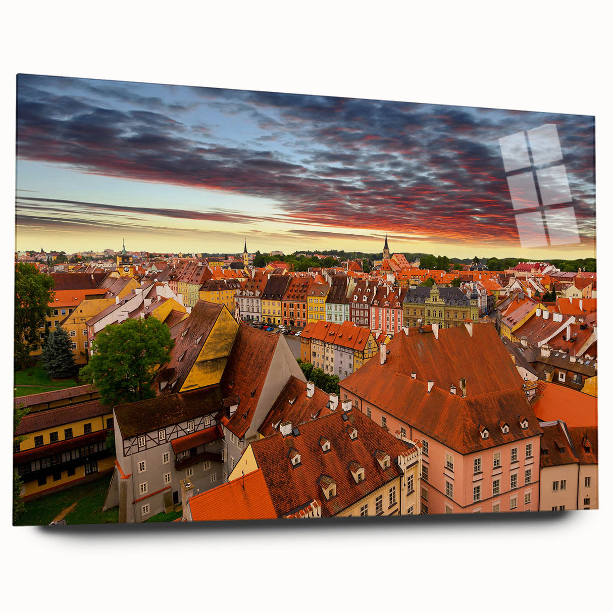 Acrylic print of a Czech Republic landscape, featuring soft blue and green hues, ideal for bedroom or dining room art.