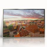 Mid-century modernist Prague skyline depicted in muted tones on a large framed acrylic print.