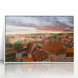 Mid-century modernist art of a Czech Republic landscape in muted earth tones on a white-framed acrylic print.