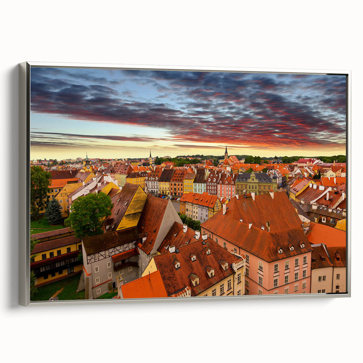 Framed canvas depicting a vintage-style Czech Republic landscape in vibrant colors on a black background.