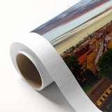 Art Deco style poster of a European cityscape in muted colors on rolled canvas, ideal for nursery wall art.