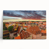 Black and white photograph of a European cityscape on stretched canvas, ideal for kitchen art.