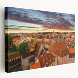 Stretched canvas depicting a European cityscape in muted earth tones, ideal for kitchen wall art.