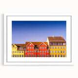 Textured abstract art print of a European scenery in muted earth tones, framed with a white mat, ideal for bedroom art.