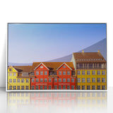 Mid-century modernist art depicting a serene Danish landscape, in muted greens and blues, framed acrylic print.