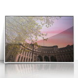 Mid-century modernist art of Bath, England, with muted colors on a framed acrylic, ideal for nursery wall art.