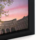 Extra large black wall art of a scenic European landscape, textured colors on framed canvas, suitable for living room decor.
