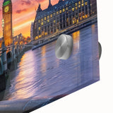 Acrylic print of Big Ben with abstract design elements in muted colors, ideal for dining room art.