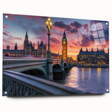 Acrylic print of Big Ben and London scenery with muted gray and blue tones, ideal for bedroom or dining room decor.