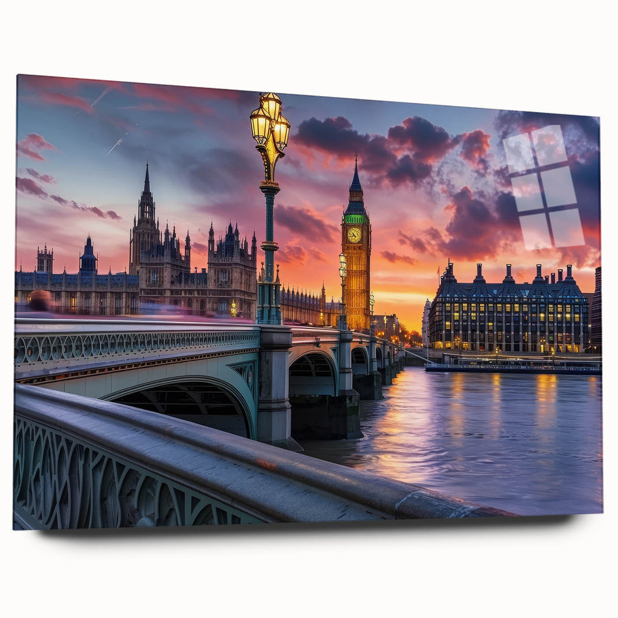 Acrylic print of Big Ben and the London skyline in muted gray tones, ideal for bedroom or dining room art.