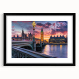 Colorful abstract art print of Big Ben with textured details on a large canvas, framed in black, ideal for living room decor.