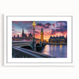 Textured art print of Big Ben with abstract elements in muted tones on a white framed poster, ideal for bedroom wall decor.