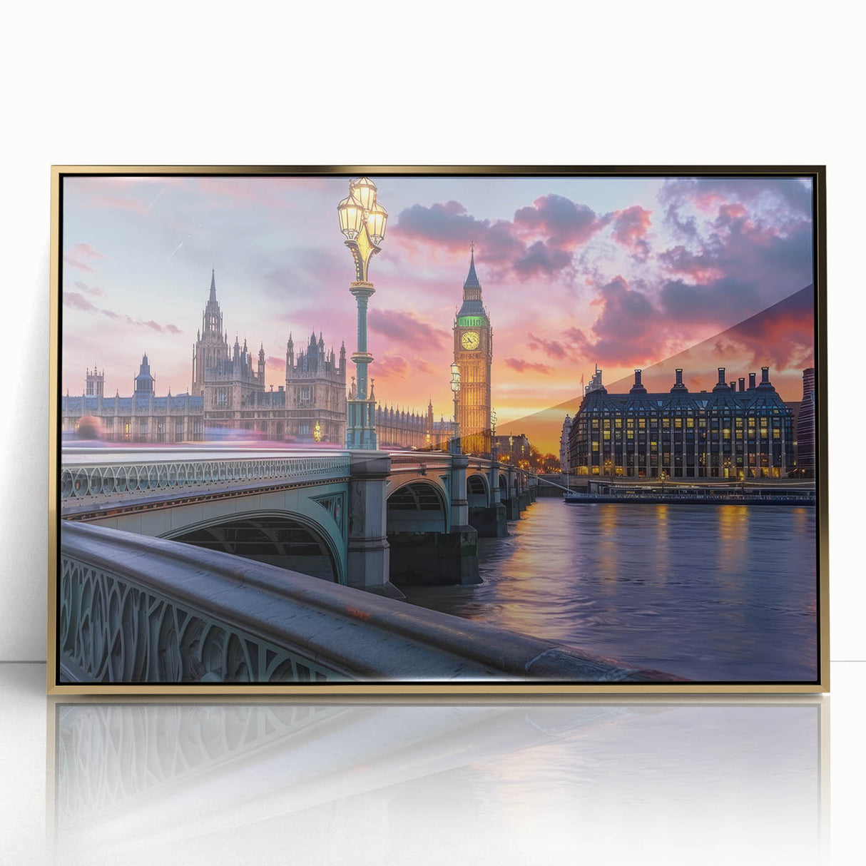 Acrylic print of Big Ben with golden hues, in art deco style, suitable for modern art wall decor.
