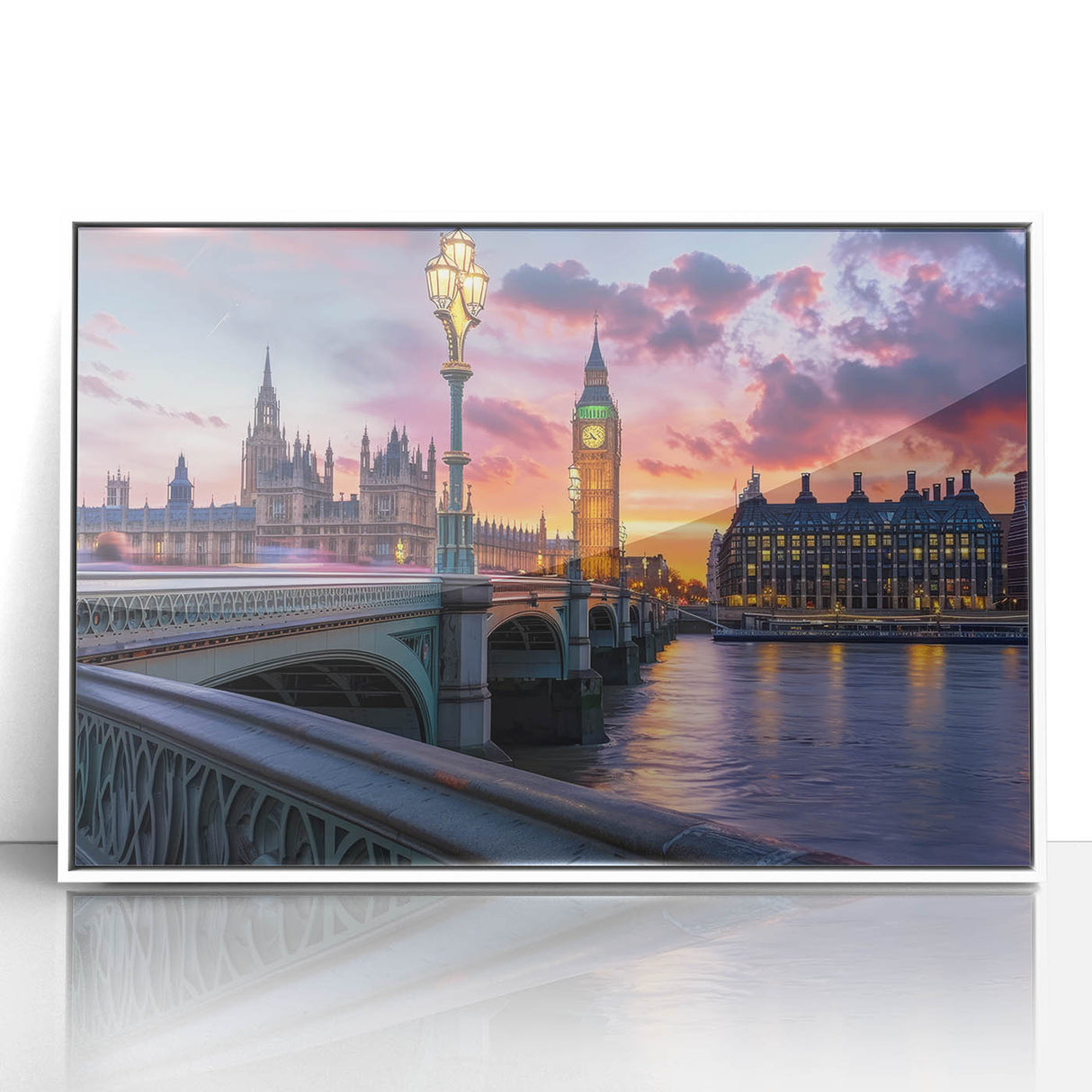 Framed acrylic print of Big Ben in muted gray tones, styled in mid-century modernist art, suitable for modern art wall decor.