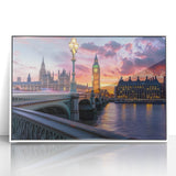 Framed acrylic print of Big Ben in muted gray tones, styled in mid-century modernist art, suitable for modern art wall decor.