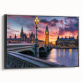 Black and white framed canvas of the Big Ben landscape in vintage poster art style, suitable for bedroom decor.