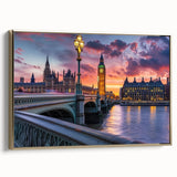 Vintage poster art of Big Ben with a black and gold color palette on a framed canvas, ideal for bedroom wall decor.