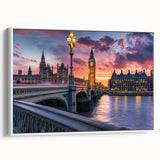 Vintage poster art of Big Ben with colorful accents on a white framed canvas, ideal for living room decor.
