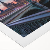 Art deco poster of Big Ben in muted gray and blue tones on a rolled canvas, suitable for dining room or bathroom wall art.