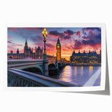Big Ben and Westminster Bridge in muted watercolor tones on rolled canvas, suitable for dining room decor.