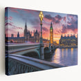 Large art print of the Big Ben and Westminster in muted watercolor tones on stretched canvas, ideal for kitchen wall art.