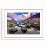 Textured abstract art print depicting Cumbria's scenery in muted earth tones, framed with a white mat.