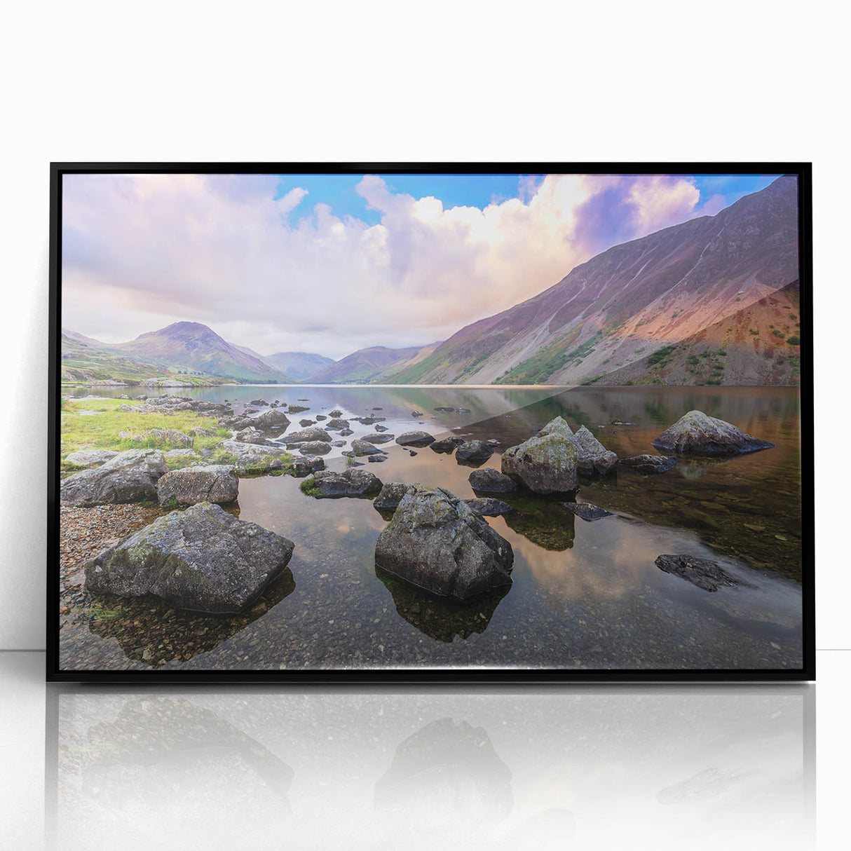 Large abstract wall art depicting a serene Cumbria landscape in muted green and blue tones on a framed acrylic.