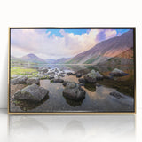 Acrylic print of a serene Cumbria landscape in muted green and blue tones, framed in gold.