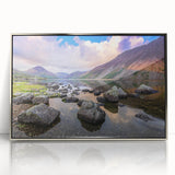 Mid-century modernist style large art print of Cumbria, England scenery in muted greens and blues, silver-framed acrylic.