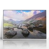 Mid-century modernist art depicting Cumbria's landscape, with muted earth tones on a framed acrylic.