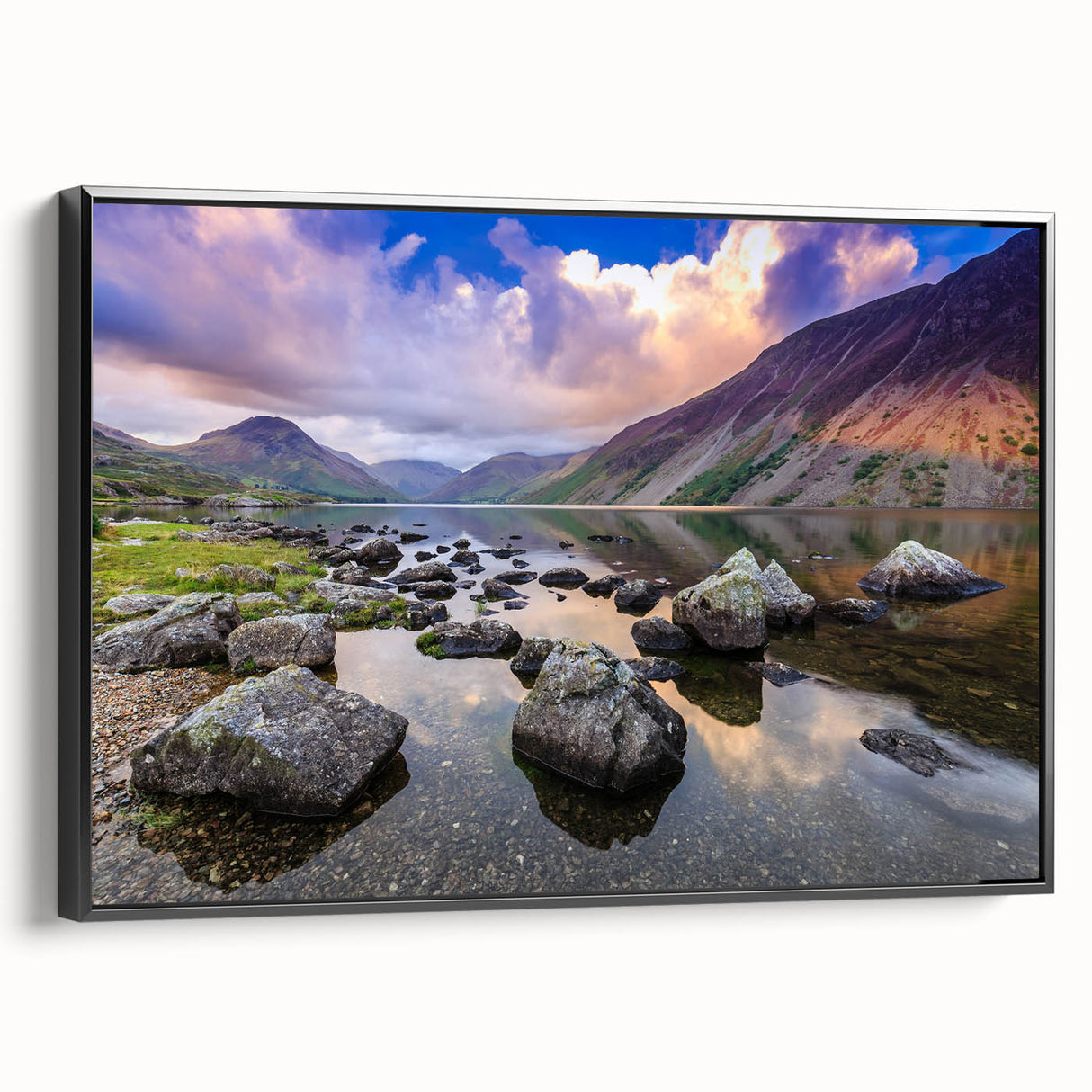 Black and white landscape art painting of Cumbria, England on framed canvas, ideal for bedroom wall decor.