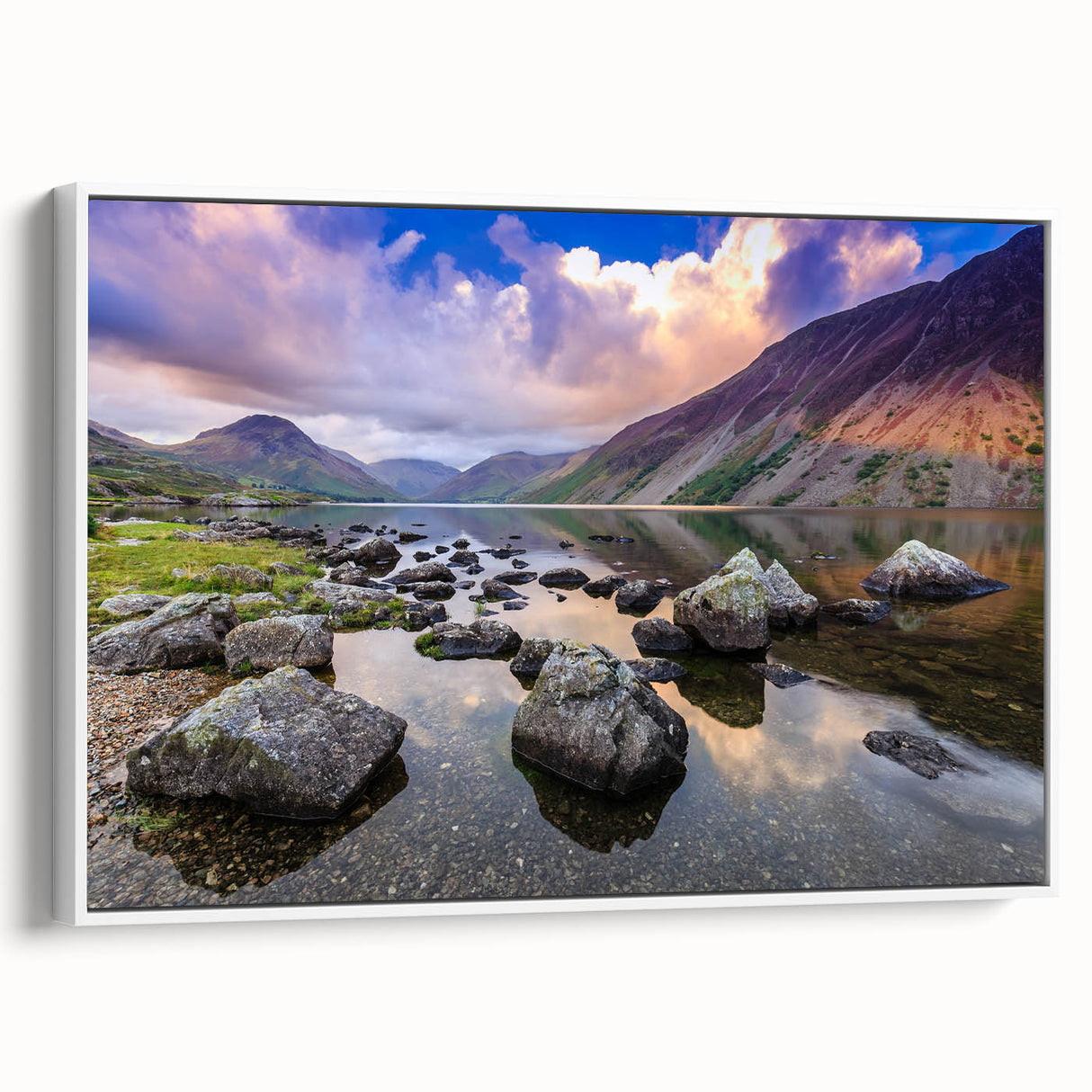 Vintage poster art of Cumbria, England on framed canvas, with colorful art palette, ideal for living room decor.