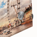 Large abstract depiction of London on acrylic glass, featuring muted blue and gray tones, ideal for dining room art.