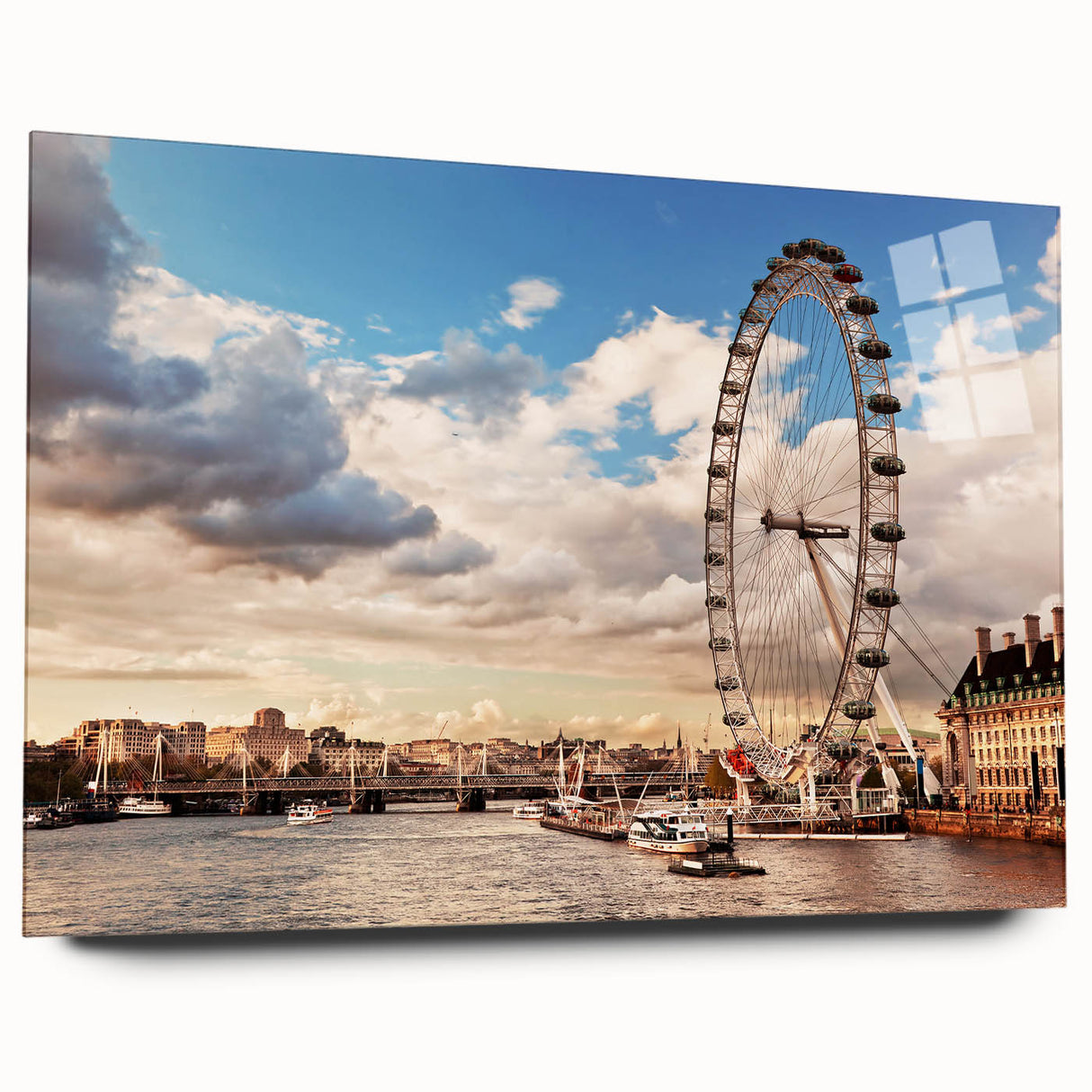Large abstract depiction of the London skyline in muted gray and blue tones on acrylic glass.