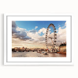 Textured abstract art print of London scenery in muted gray and blue tones, framed with a white mat.