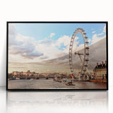 Large abstract wall art depicting the London skyline in muted gray and blue tones on a framed acrylic.