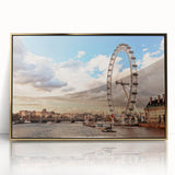 Large art print of London scenery, featuring muted gold and blue tones on a framed acrylic, ideal for modern art wall decor.