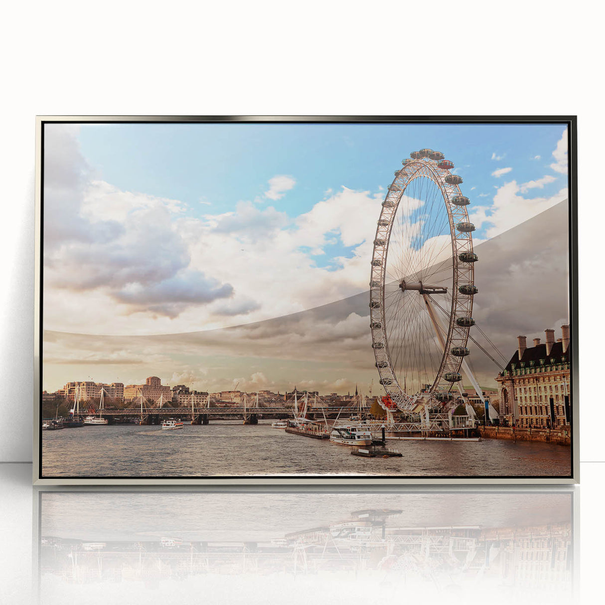Mid-century modernist art depicting London skyline in muted grays and blues on a framed acrylic print.