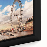 Extra large black wall art featuring a textured, colorful abstract of the London skyline on framed canvas.