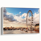 Vintage poster art of London scenery on extra large framed canvas, featuring colorful artwork against a black background.