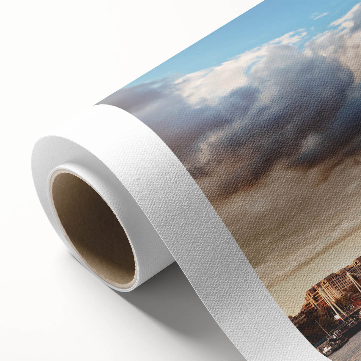 Art Deco poster of London skyline in pastel shades on rolled canvas, ideal for nursery wall art.