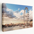 Large art print of the London skyline in muted gray and blue tones on stretched canvas, ideal for kitchen wall decor.