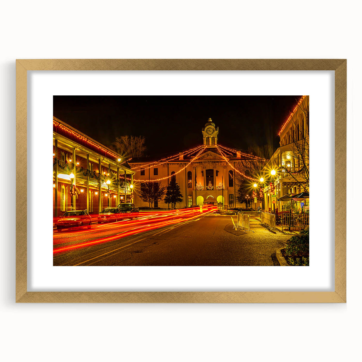 Abstract art print of Oxford scenery in muted gold and gray tones, framed with a mat, suitable for dining room decor.