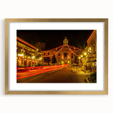 Abstract art print of Oxford scenery in muted gold and gray tones, framed with a mat, suitable for dining room decor.