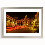 Extra large abstract art print of Oxford scenery in muted gray and blue tones, framed with a silver mat.