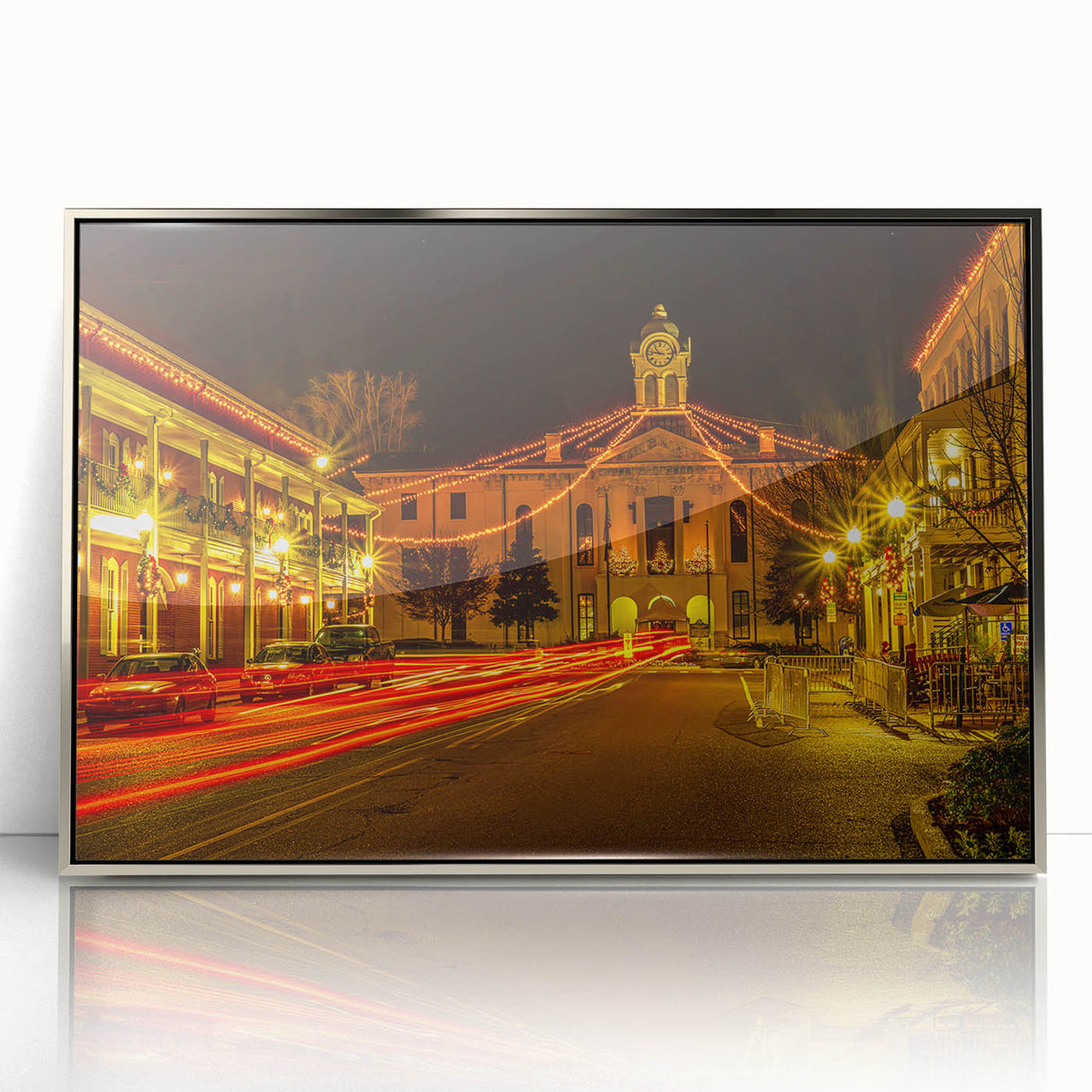 Mid-century modernist Oxford scenery in muted earth tones on a silver-framed acrylic, ideal for modern art wall decor.