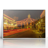 Mid-century modernist art of Oxford scenery in muted earth tones on a framed acrylic, ideal for nursery wall art.