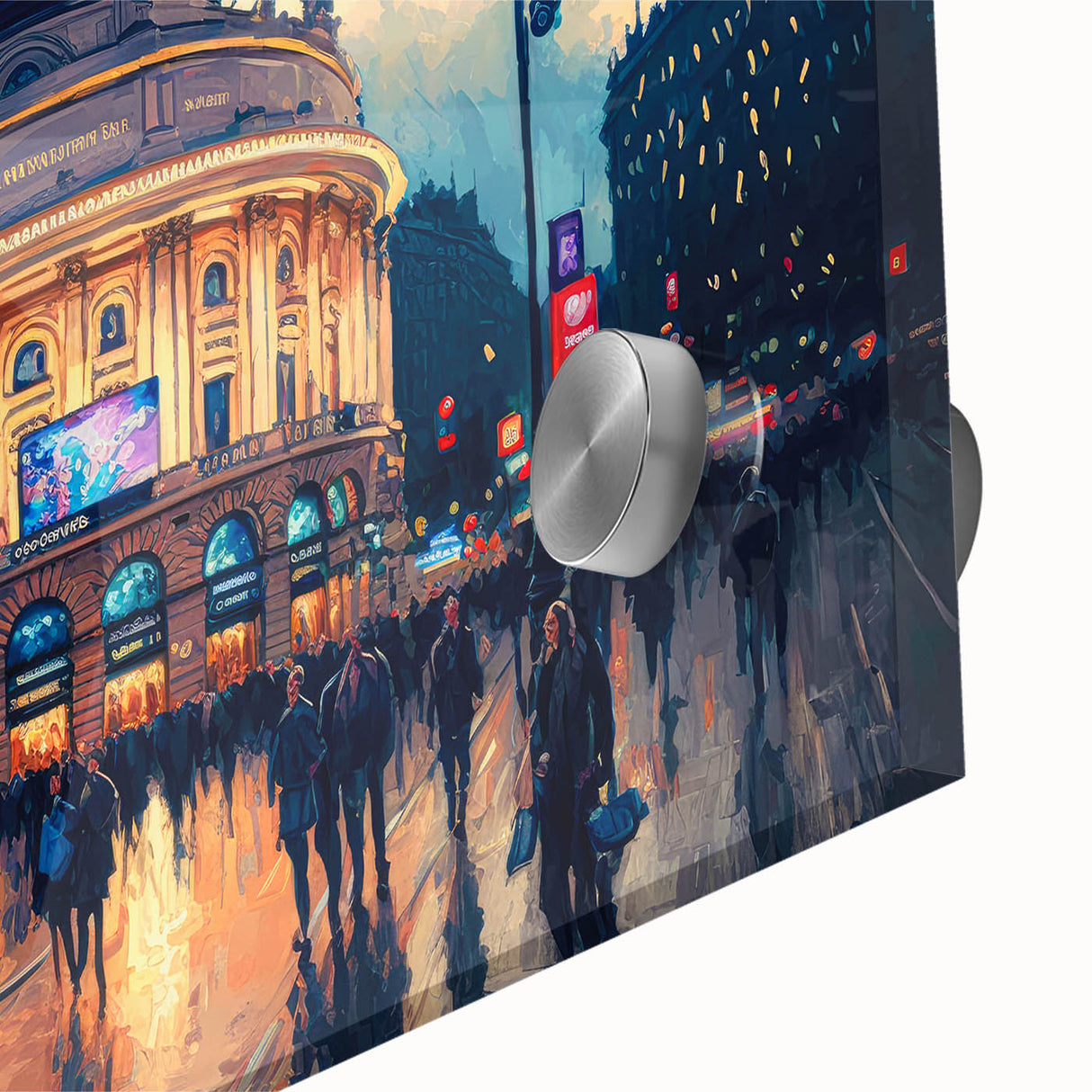 Large abstract depiction of Piccadilly, England in mid-century modernist style with vibrant colors on acrylic glass.
