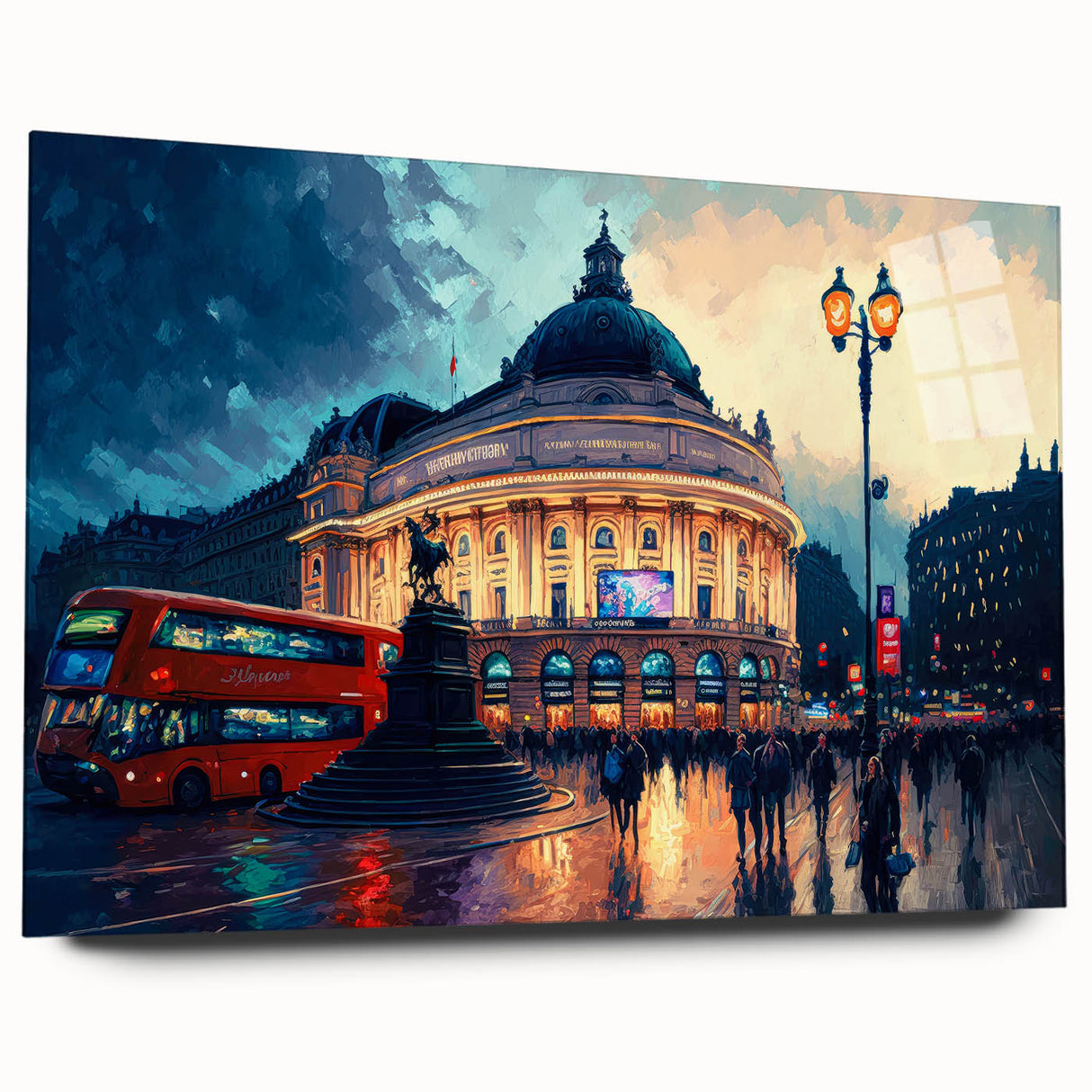 Acrylic print of Piccadilly, England in muted earth tones, ideal for bedroom or dining room art.